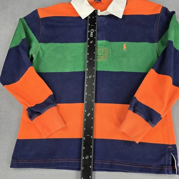 Polo Ralph Lauren Rugby Shirt Mens Small Orange Green Navy Striped Long Sleeve - Picture 8 of 11